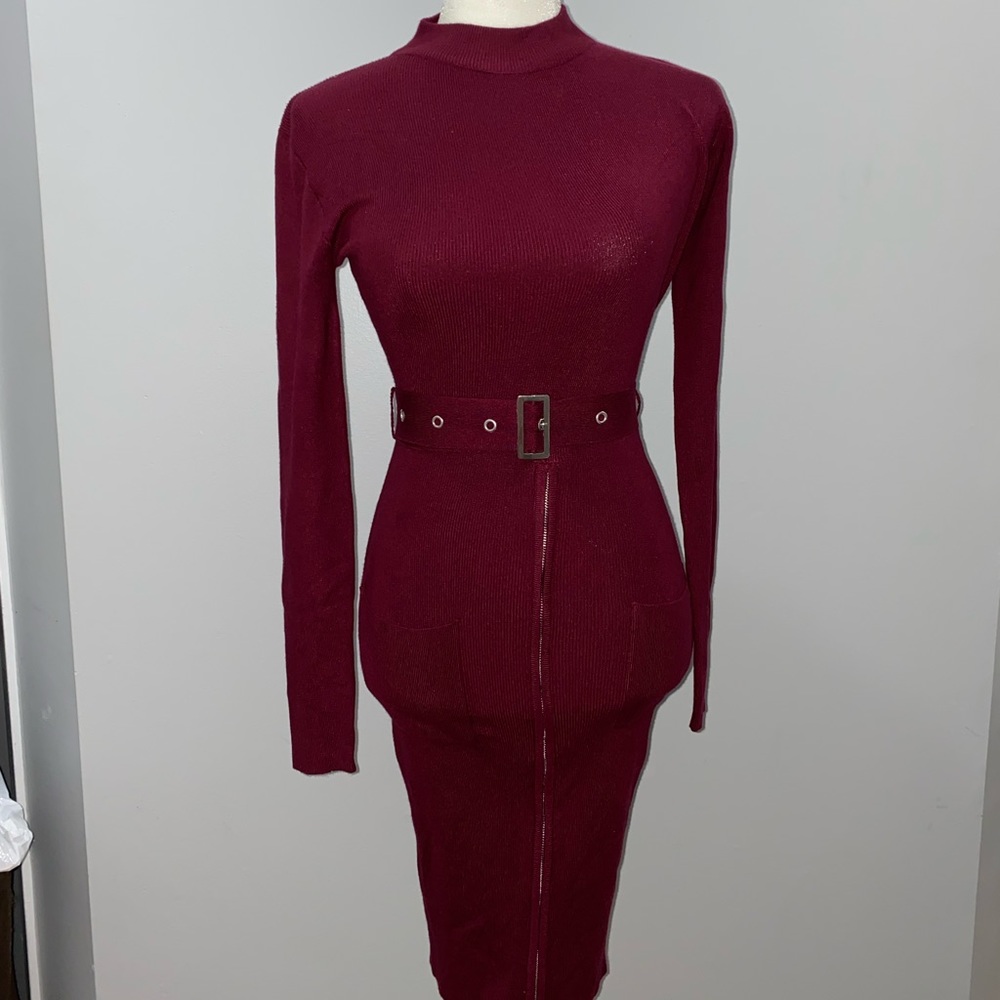 Burgundy Dress With Belt - Picture 1 of 2